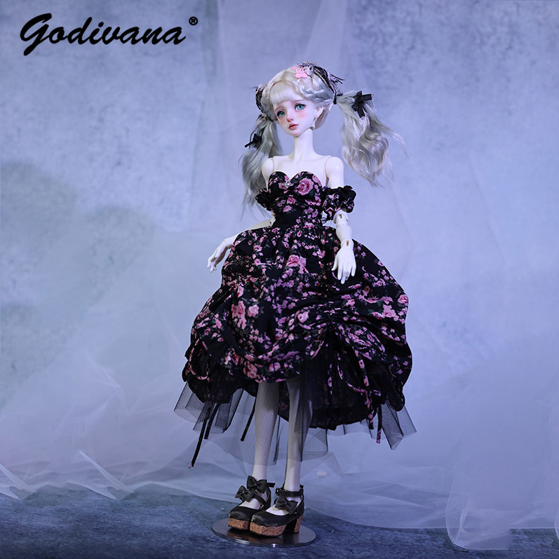 Midi Skirt Floral - 1/4 BJD-popjurk, zwarte basis, roze bloemenprint,